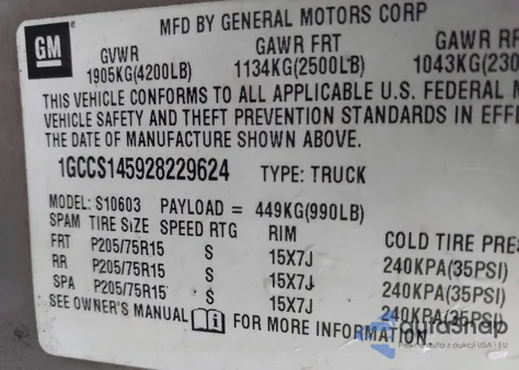 2002 Chevrolet S-10 Ls из США, поврежденный, VIN 1GCCS145928229624